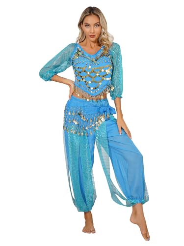 Miaeowve Damen Bauchtanz Outfit Showtanz Tanzkostüme Pailletten Top Bauchfrei Oberteil Locker Haremshose Tanzhose Mit Münzen Quasten Hüfttuch Dancewear Himmelblau Einheitsgröße von Miaeowve