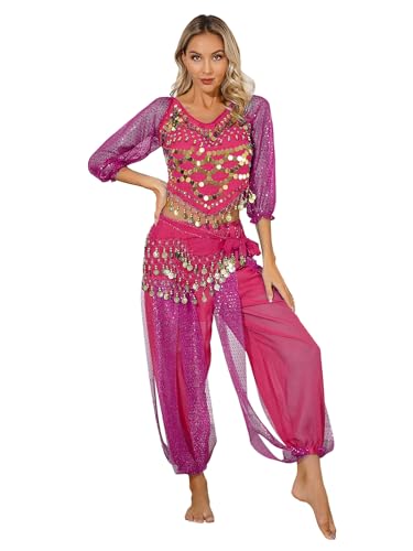 Miaeowve Damen Bauchtanz Outfit Showtanz Tanzkostüme Pailletten Top Bauchfrei Oberteil Locker Haremshose Tanzhose Mit Münzen Quasten Hüfttuch Dancewear Hot Pink Einheitsgröße von Miaeowve
