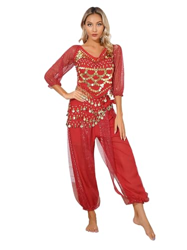 Miaeowve Damen Bauchtanz Outfit Showtanz Tanzkostüme Pailletten Top Bauchfrei Oberteil Locker Haremshose Tanzhose Mit Münzen Quasten Hüfttuch Dancewear Rot Einheitsgröße von Miaeowve