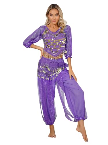 Miaeowve Damen Bauchtanz Outfit Showtanz Tanzkostüme Pailletten Top Bauchfrei Oberteil Locker Haremshose Tanzhose Mit Münzen Quasten Hüfttuch Dancewear Violett Einheitsgröße von Miaeowve