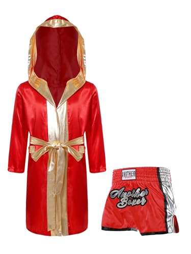 Miaeowve Kickboxen Anzug Kinder Junge Langarm Satin Kapuzenumhang + Metallic Gürtel + MMA Shorts Kampfsportanzug Burgundy 146-152 Miaeowve Kickboxen Anzug Kinder Junge Langarm Satin Kapuzenumhang + Metallic Gürtel + MMA Shorts Kampfsportanzug Burgundy 146-152 von Miaeowve