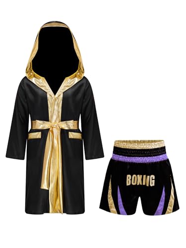 Miaeowve Kickboxen Anzug Kinder Junge Langarm Satin Kapuzenumhang + Metallic Gürtel + MMA Shorts Kampfsportanzug Hellviolett & Gold A 170 Miaeowve Kickboxen Anzug Kinder Junge Langarm Satin Kapuzenumhang + Metallic Gürtel + MMA Shorts Kampfsportanzug Hellviolett & Gold A 170 von Miaeowve