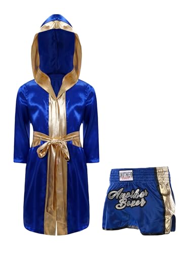 Miaeowve Kickboxen Anzug Kinder Junge Langarm Satin Kapuzenumhang + Metallic Gürtel + MMA Shorts Kampfsportanzug Königsblau 158-164 Miaeowve Kickboxen Anzug Kinder Junge Langarm Satin Kapuzenumhang + Metallic Gürtel + MMA Shorts Kampfsportanzug Königsblau 158-164 von Miaeowve
