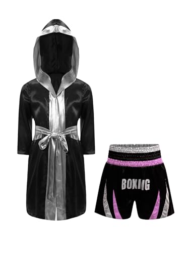 Miaeowve Kickboxen Anzug Kinder Junge Langarm Satin Kapuzenumhang + Metallic Gürtel + MMA Shorts Kampfsportanzug Rosa und Silber A 158-164 von Miaeowve
