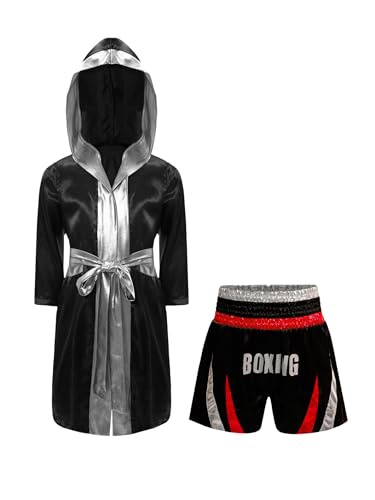 Miaeowve Kickboxen Anzug Kinder Junge Langarm Satin Kapuzenumhang + Metallic Gürtel + MMA Shorts Kampfsportanzug Rot und Silber A 146-152 von Miaeowve