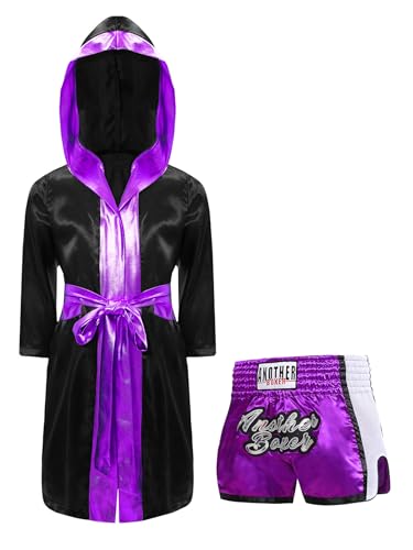 Miaeowve Kickboxen Anzug Kinder Junge Langarm Satin Kapuzenumhang + Metallic Gürtel + MMA Shorts Kampfsportanzug Schwarz & Lila 170 von Miaeowve