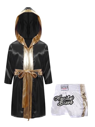 Miaeowve Kickboxen Anzug Kinder Junge Langarm Satin Kapuzenumhang + Metallic Gürtel + MMA Shorts Kampfsportanzug Schwarz & Weiß & Gold 170 von Miaeowve