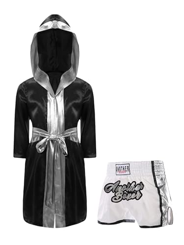 Miaeowve Kickboxen Anzug Kinder Junge Langarm Satin Kapuzenumhang + Metallic Gürtel + MMA Shorts Kampfsportanzug Schwarz & Weiß & Silber 146-152 Miaeowve Kickboxen Anzug Kinder Junge Langarm Satin Kapuzenumhang + Metallic Gürtel + MMA Shorts Kampfsportanzug Schwarz & Weiß & Silber 146-152 von Miaeowve