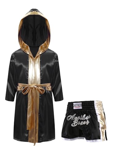 Miaeowve Kickboxen Anzug Kinder Junge Langarm Satin Kapuzenumhang + Metallic Gürtel + MMA Shorts Kampfsportanzug Schwarzes Gold 170 Miaeowve Kickboxen Anzug Kinder Junge Langarm Satin Kapuzenumhang + Metallic Gürtel + MMA Shorts Kampfsportanzug Schwarzes Gold 170 von Miaeowve