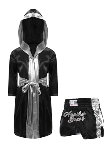 Miaeowve Kickboxen Anzug Kinder Junge Langarm Satin Kapuzenumhang + Metallic Gürtel + MMA Shorts Kampfsportanzug Schwarzes Silber 170 Miaeowve Kickboxen Anzug Kinder Junge Langarm Satin Kapuzenumhang + Metallic Gürtel + MMA Shorts Kampfsportanzug Schwarzes Silber 170 von Miaeowve