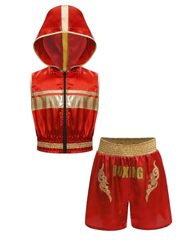 Miaeowve Kinder Junge MMA Anzug Hoodie Sportshirt Mit Shorts Sparring Kickboxer Kostüm Kampfsport Trainingsanzug Rot 146-152 von Miaeowve