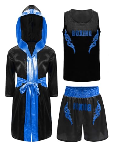 Miaeowve Kinder Junge Muay Thai MMA Anzug Robe Satin Kapuzenumhang Ärmellos Top Kick Boxshorts Kampfsport Kleidung Set Trainingsanzug Schwarz Blau 158-164 Miaeowve Kinder Junge Muay Thai MMA Anzug Robe Satin Kapuzenumhang Ärmellos Top Kick Boxshorts Kampfsport Kleidung Set Trainingsanzug Schwarz Blau 158-164 von Miaeowve