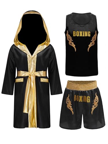 Miaeowve Kinder Junge Muay Thai MMA Anzug Robe Satin Kapuzenumhang Ärmellos Top Kick Boxshorts Kampfsport Kleidung Set Trainingsanzug Schwarzes Gold 134-140 Miaeowve Kinder Junge Muay Thai MMA Anzug Robe Satin Kapuzenumhang Ärmellos Top Kick Boxshorts Kampfsport Kleidung Set Trainingsanzug Schwarzes Gold 134-140 von Miaeowve