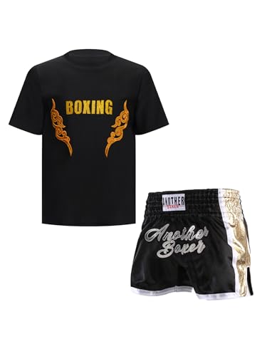 Miaeowve Kinder Junge Sport Shirt Kurzarm Oberteil Muay Thai Kick Boxshorts Trainingsshorts Kampfsport Wushu Anzug Kampfausrüstung Schwarzes Gold A 158-164 von Miaeowve