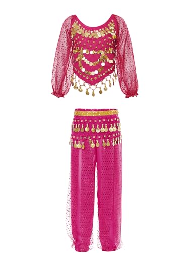 Miaeowve Kinder Mädchen Bauchtanz Kostüm Indische Arabische Tanzbekleidung Set Langarm Pailletten Shirt Fransen Quaste Top Mit Tanzhose Leggings Tanzkostüm Hot Pink 134-152 von Miaeowve