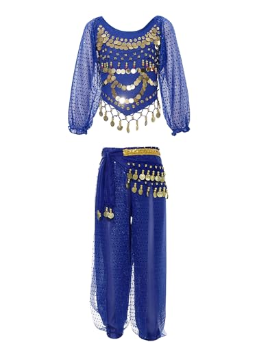 Miaeowve Kinder Mädchen Bauchtanz Kostüm Indische Arabische Tanzbekleidung Set Langarm Pailletten Shirt Fransen Quaste Top Mit Tanzhose Leggings Tanzkostüm Königsblau 134-152 von Miaeowve