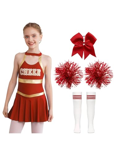 Miaeowve Kinder Mädchen Cheer Leader Kostüm Ärmellos Tanzkleid Mit Pompons Schleife Strümpfe 4tlg Tanzkleidung Für Fasching Karneval Ein Rot 134-140 von Miaeowve