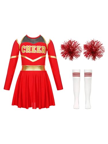 Miaeowve Kinder Mädchen Cheer Leader Kostüm Langarm Metallic Patchwork Kleid Mit Pompons Strümpfe Cheerleaderin Uniform Für Fasching Karneval B Rot 158-164 von Miaeowve