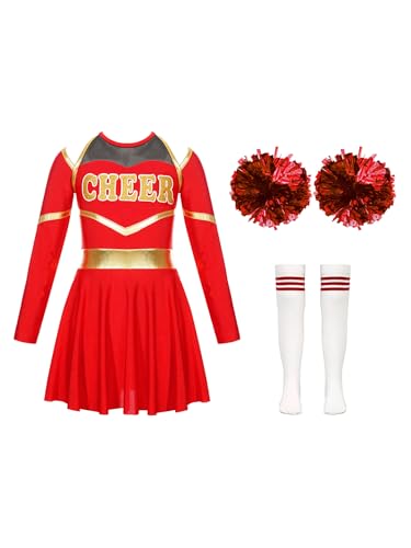 Miaeowve Kinder Mädchen Cheer Leader Kostüm Langarm Metallic Patchwork Kleid Mit Pompons Strümpfe Cheerleaderin Uniform Für Fasching Karneval Ein Rot 110-116 von Miaeowve