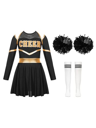 Miaeowve Kinder Mädchen Cheer Leader Kostüm Langarm Metallic Patchwork Kleid Mit Pompons Strümpfe Cheerleaderin Uniform Für Fasching Karneval Ein Weiß&Schwarz 158-164 von Miaeowve