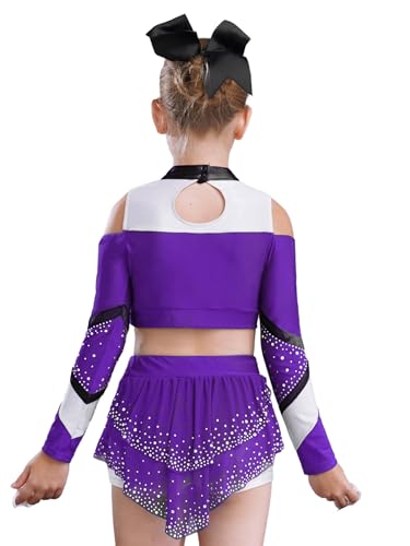 Miaeowve Kinder Mädchen Cheer Leader Kostüm Langarm Strass Glitzer Tanz Top CHEER Print Kurz Oberteil Mit Asymetrisch Tanzrock Für Fasching Karneval Violett 158-164 von Miaeowve