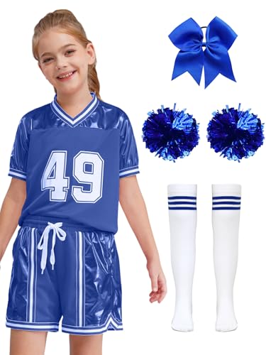 Miaeowve Kinder Mädchen Cheer Leader Kostüm Mit Pompons Schleife Stirnband Strümpfe Cheerleaderin Uniform Für Fasching Karneval Blau 146-152 von Miaeowve