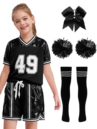Miaeowve Kinder Mädchen Cheer Leader Kostüm Mit Pompons Schleife Stirnband Strümpfe Cheerleaderin Uniform Für Fasching Karneval Schwarz 122-128 von Miaeowve