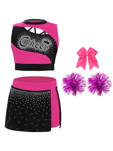 Miaeowve Kinder Mädchen Cheer Leader Kostüm Strass Glitzer Tanz Top Bauchfrei Oberteil Mit Patchwork Rock Schleife Stirnband Pompons Dancewear Hot Pink 122-128 Miaeowve Kinder Mädchen Cheer Leader Kostüm Strass Glitzer Tanz Top Bauchfrei Oberteil Mit Patchwork Rock Schleife Stirnband Pompons Dancewear Hot Pink 122-128 von Miaeowve