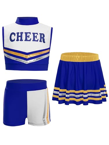 Miaeowve Kinder Mädchen Cheer Leader Outfit Ärmellos Cheer leaderinkleid Bauchfrei Tanz Top Mit Shorts Minirock Tanzkleidung Königsblau 158-164 von Miaeowve