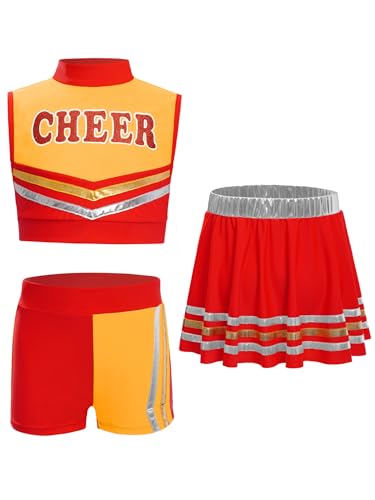 Miaeowve Kinder Mädchen Cheer Leader Outfit Ärmellos Cheer leaderinkleid Bauchfrei Tanz Top Mit Shorts Minirock Tanzkleidung Rot 170 von Miaeowve