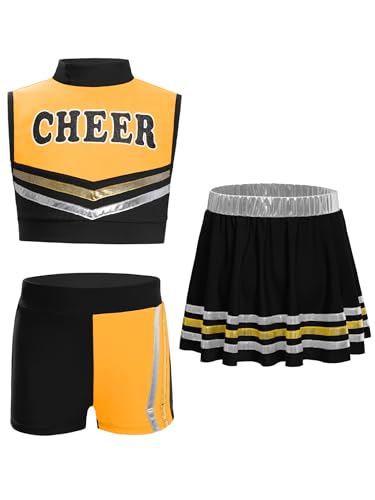 Miaeowve Kinder Mädchen Cheer Leader Outfit Ärmellos Cheer leaderinkleid Bauchfrei Tanz Top Mit Shorts Minirock Tanzkleidung Schwarz 158-164 von Miaeowve