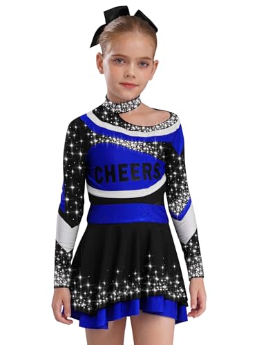 Miaeowve Kinder Mädchen Cheer Leader Outfit Langarm Crop Top Strass Glitzer Oberteil Farbblock Patchwork Tanzrock Rüschen Minirock Dancewear Blau 146-152 von Miaeowve