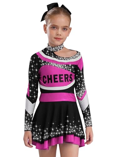 Miaeowve Kinder Mädchen Cheer Leader Outfit Langarm Crop Top Strass Glitzer Oberteil Farbblock Patchwork Tanzrock Rüschen Minirock Dancewear Hot Pink 134-140 von Miaeowve