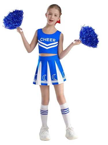 Miaeowve Kinder Mädchen Cheerleaderin Kostüm Ärmellos Kurz Top Mit Pompons Faltenrock Streifen Strümpfe 4tlg Tanzkostüm Für Fasching Karneval Blau 146-152 Miaeowve Kinder Mädchen Cheerleaderin Kostüm Ärmellos Kurz Top Mit Pompons Faltenrock Streifen Strümpfe 4tlg Tanzkostüm Für Fasching Karneval Blau 146-152 von Miaeowve