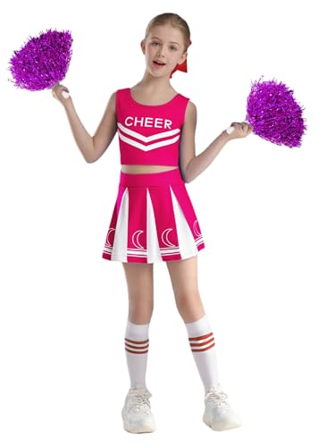Miaeowve Kinder Mädchen Cheerleaderin Kostüm Ärmellos Kurz Top Mit Pompons Faltenrock Streifen Strümpfe 4tlg Tanzkostüm Für Fasching Karneval Hot Pink 146-152 von Miaeowve