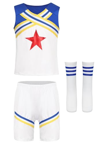 Miaeowve Kinder Mädchen Junge Cheer Leader Outfit Streifen Patchwork Oberteil Rot Sterne Print Crop Top Mit Hose Strümpfe High School Uniform Tanzkostüm Typ A Blau 122-128 von Miaeowve