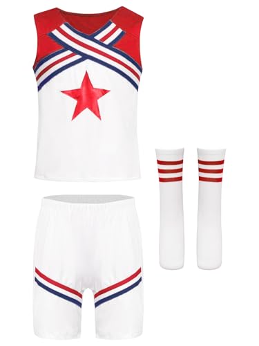 Miaeowve Kinder Mädchen Junge Cheer Leader Outfit Streifen Patchwork Oberteil Rot Sterne Print Crop Top Mit Hose Strümpfe High School Uniform Tanzkostüm Typ A Rot 158-164 von Miaeowve