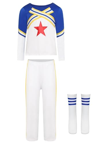 Miaeowve Kinder Mädchen Junge Cheer Leader Outfit Streifen Patchwork Oberteil Rot Sterne Print Crop Top Mit Hose Strümpfe High School Uniform Tanzkostüm Typ B Blau 158-164 von Miaeowve