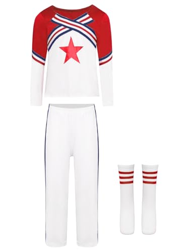 Miaeowve Kinder Mädchen Junge Cheer Leader Outfit Streifen Patchwork Oberteil Rot Sterne Print Crop Top Mit Hose Strümpfe High School Uniform Tanzkostüm Typ B Rot 122-128 von Miaeowve