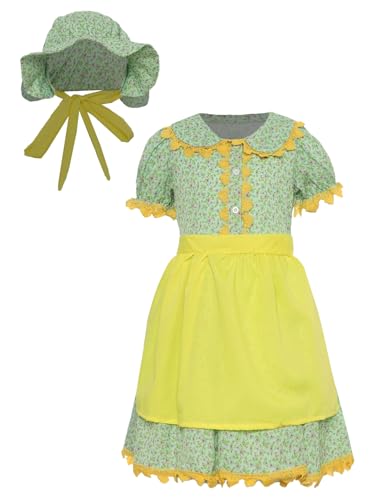 Miaeowve Kolonial Pionier Geblümtes Bäuerin Kleid Kostüm Verkleidung Mit Schürze Und Haube Für Kinder Mädchen Grün 128-140 von Miaeowve