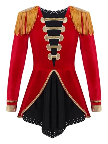 Miaeowve Zirkus Kostüm Kinder Direktor Mädchen Strass Glitzer Tanzanzug Langarm Body Fransen Quasten Overall Rüschen Jumpsuit Für Fasching Karneval Rot 146-152 von Miaeowve