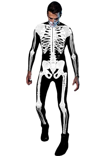 Miaikvs Herren Skelett Kostüm Halloween 3D Foto-Realistischer Langarm Overall Cosplay Jumpsuit (Erwachsene Schwarz, XXL) von Miaikvs