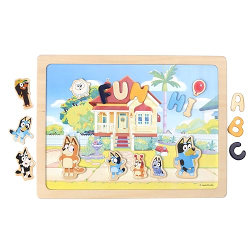 Bluey Spielzeug Magnettafel Kinder mit Buchstaben und Zahlen, doppelseitige Magnet Tafel Kind aus Holz, Lernspiele ab 3 Jahre, Holzpuzzle zum Lernen und Spielen, offiziell lizenziert aus Schweden von Micki