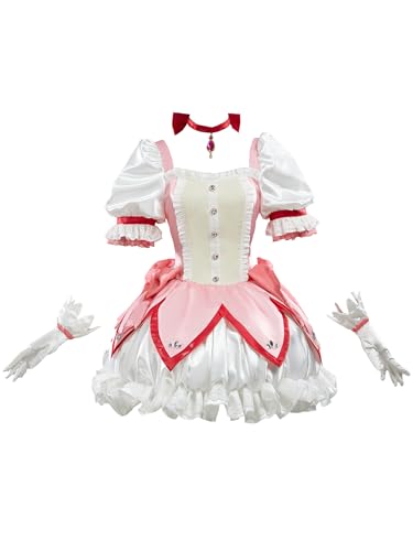 Micotaku Damen Puella Magi Madoka Magica Battle Cosplay Kostüm - Satin Kleid mit 4 Schleifen Petticoat Handschuhe Zubehör ​, weiß/rosa, M von Micotaku