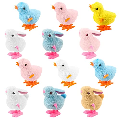 12 Stück Ostern Aufzieh Huhn Kaninchen Spielzeug,Plüsch Huhn Kaninchen Aufziehspielzeug,Uhrwerk Lauf Spring Spielzeug Ostern Partyr Taschenfüllstoffe Osterkorb Füllstoffe und Kindergeburtstage von Mienocol