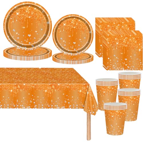 Orange Partygeschirr,81 Stück Orange Diamant Pappteller Set Pappteller, Pappbecher,Servietten und Tischdecke,Bling OrangeRosa Geburtstag Party Geschirr,Tischdekoration für Halloween Hochzeitsfeiern von Mienocol