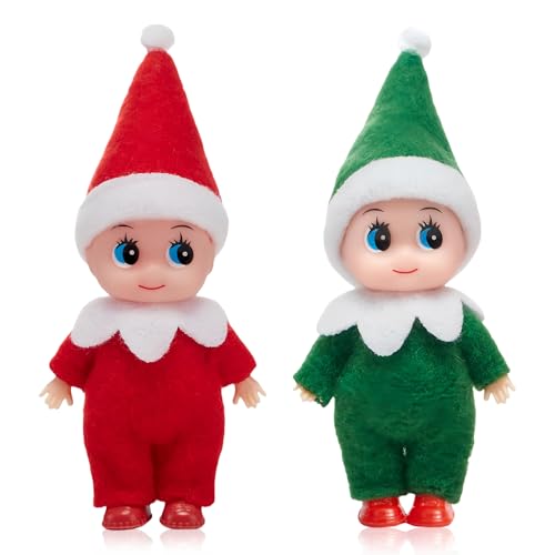 2 Stück Weihnachtselfen Figuren Mini Elfen für Jungen Mädchen,Rot Grüne Mini Puppe Elf Weihnachten Baby Winziger Weihnachtself für Weihnachten Neujahr Geschenk,Weihnachtsstrumpffüller von Mienocol