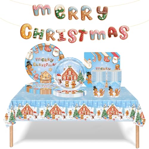 Weihnachtspapier Partygeschirr Set,70 Stück Blau Lebkuchen Pappteller Becher, Servietten Tischdecke und Merry Christmas Banner Set Weihnachten tischdeko für 16 Gäste Weihnachten Dekoration Weihnachtspapier Partygeschirr Set,70 Stück Blau Lebkuchen Pappteller Becher, Servietten Tischdecke und Merry Christmas Banner Set Weihnachten tischdeko für 16 Gäste Weihnachten Dekoration von Mienocol