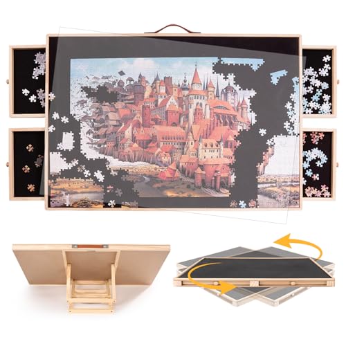 1500 Stück Holz-Puzzle-Tisch mit 4 Schubladen und Abdeckung, Erwachsenen-tragbares Puzzlebrett 90 x 59,5 cm drehbar von Miereirl