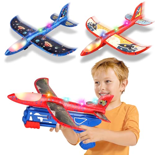 Flugzeug Spielzeug Kinder, 3 Stück LED Styroporflieger Wurfgleiter mit Katapult Pistole, Spiele Draußen Kinderspielzeug Garten Ostern Geburtstagsgeschenk für Junge Mädchen ab 3 4 5 6 7 8 9 10+ Jahre von Mieryd